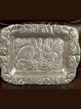 1990s Arthur Court Bunny Rabbit Tray Polished Aluminum Oblong Serving Tray
